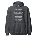 Unisex heather gray hoodie with Hebrews 9:28 Bible verse printed in white text on front