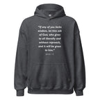 Unisex black hoodie with James 1:5 Bible verse printed in white text on front