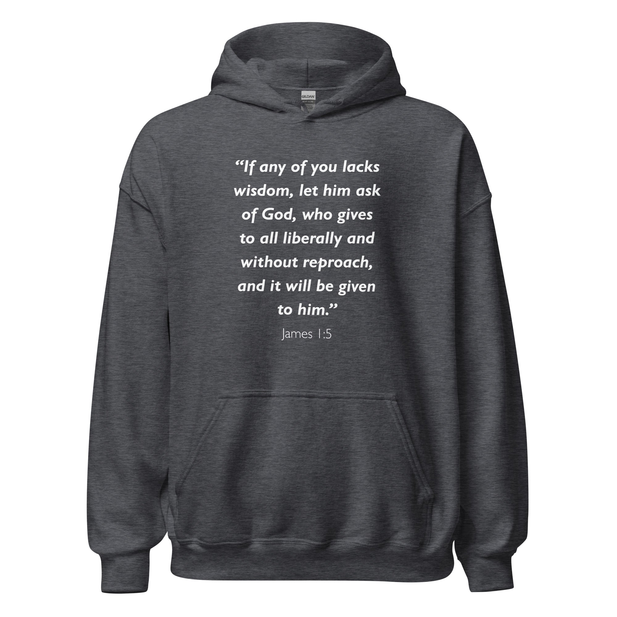 Unisex black hoodie with James 1:5 Bible verse printed in white text on front