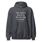 Unisex charcoal hoodie with Psalm 119:105 Bible verse printed in white text on front