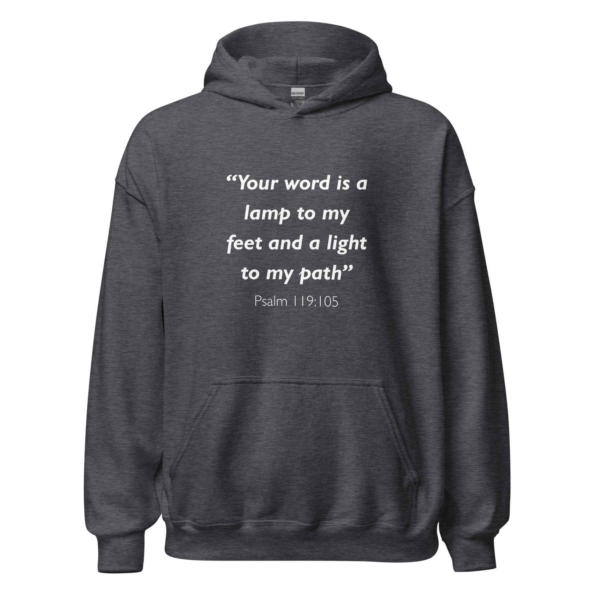Unisex charcoal hoodie with Psalm 119:105 Bible verse printed in white text on front