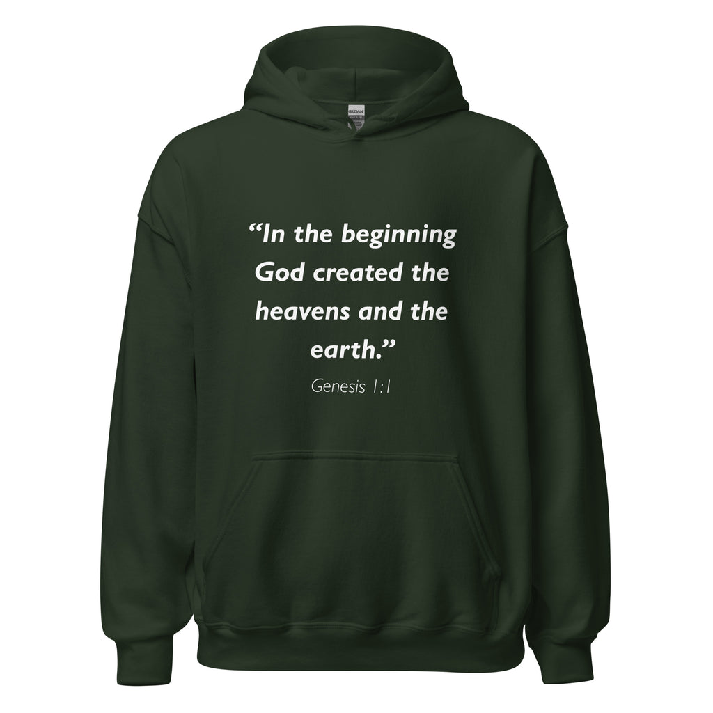 Unisex black hoodie with Genesis 1:1 Bible verse printed in white text on front