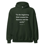 Unisex black hoodie with Genesis 1:1 Bible verse printed in white text on front