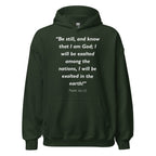 Unisex white hoodie with Psalm 46:10 Bible verse printed in white text on front