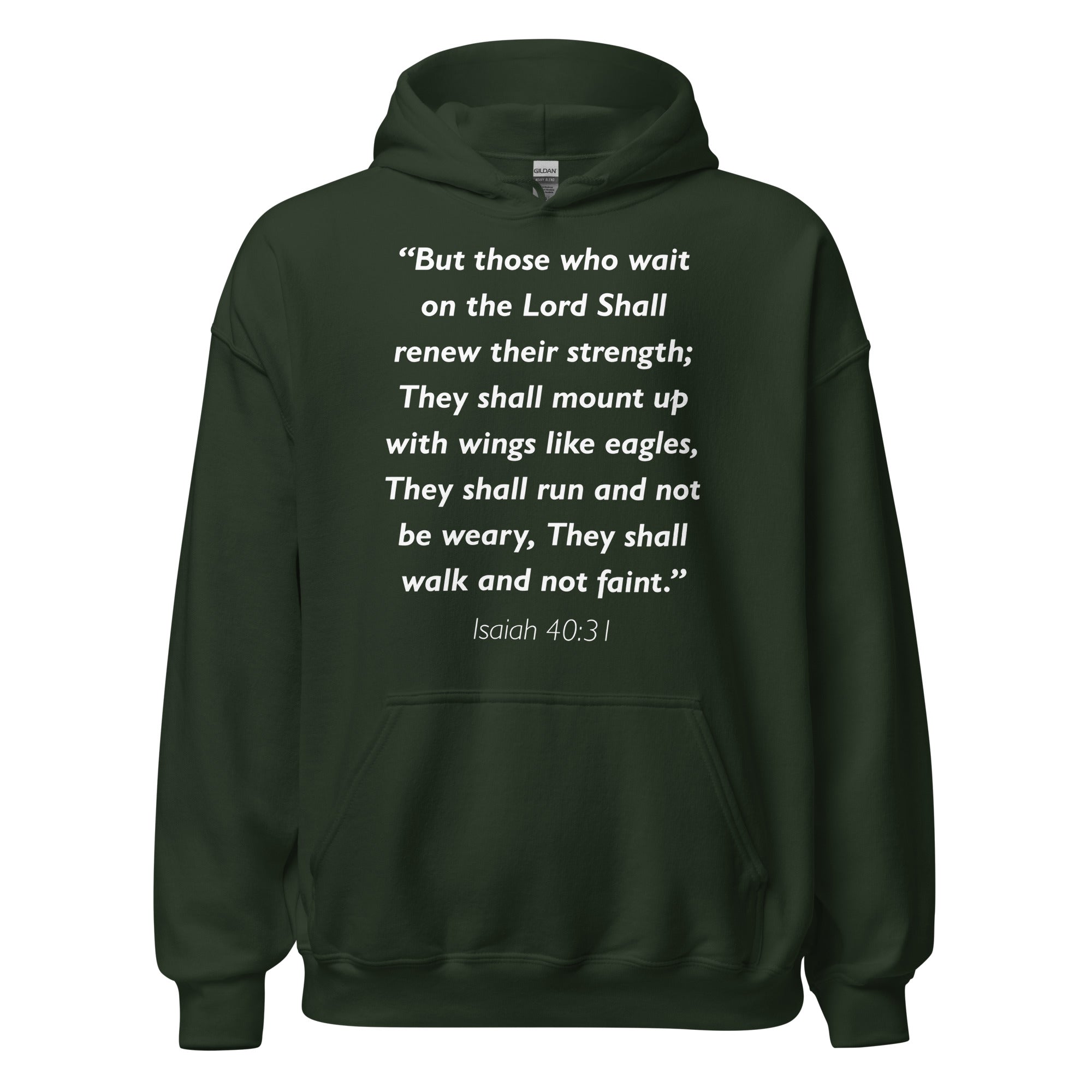 Unisex white hoodie with Isaiah 40:31 Bible verse printed in white text on front