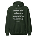 Unisex white hoodie with Joshua 1:9 Bible verse printed in white text on front