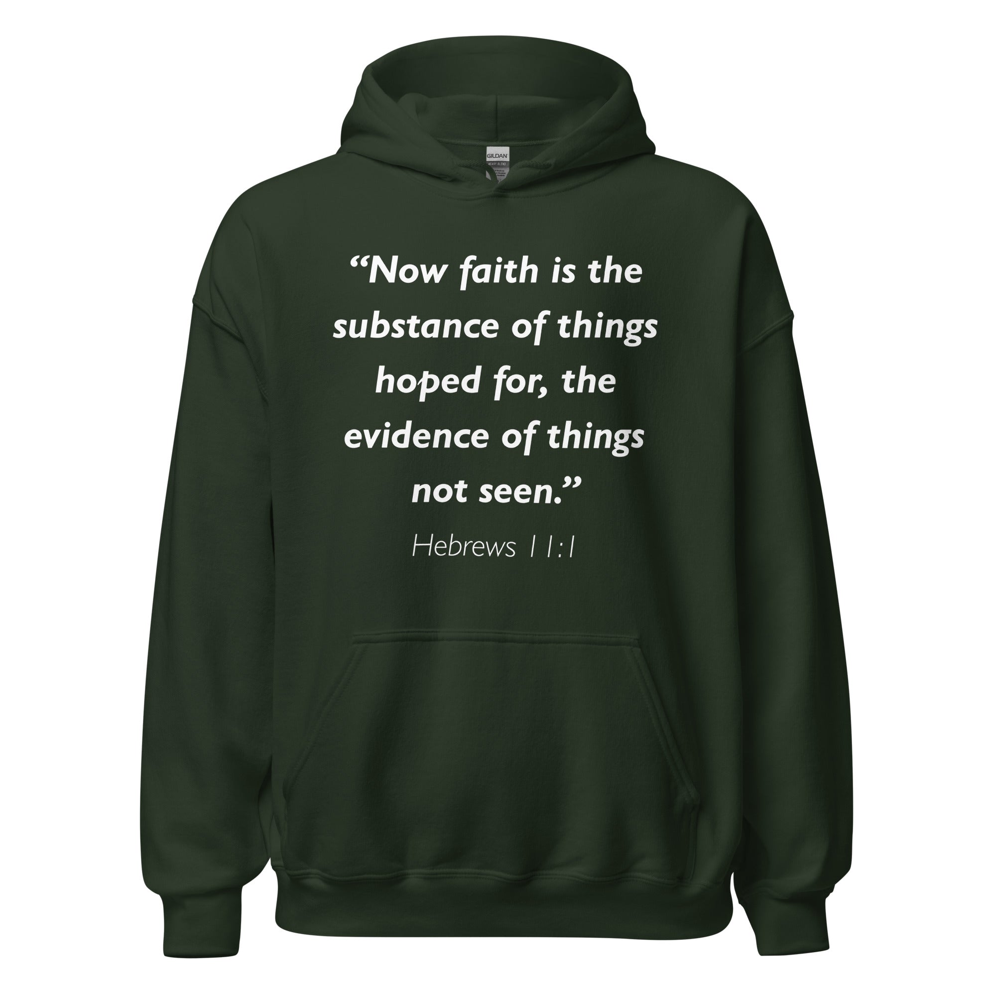 Unisex black hoodie with Hebrews 11:1 Bible verse printed in white text on front