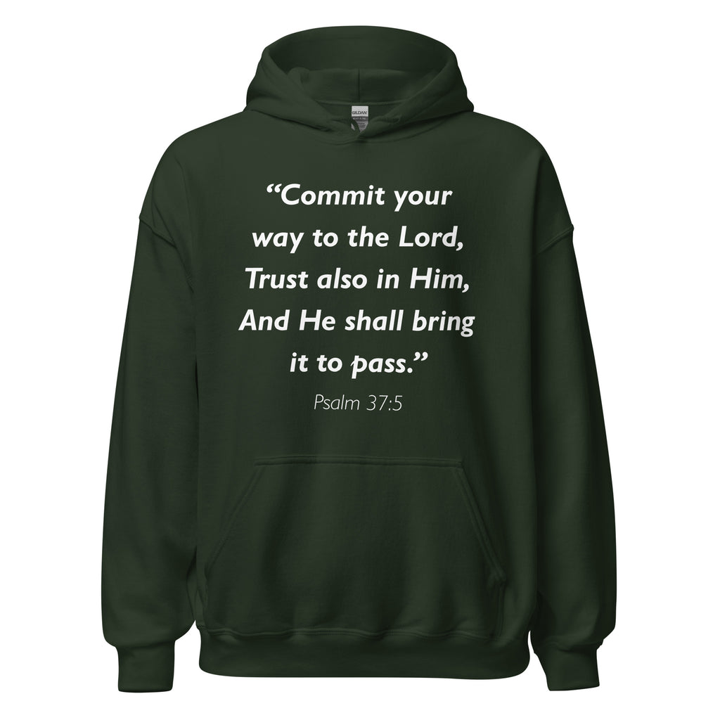 Unisex black hoodie with Psalm 37:5 Bible verse printed in white text on front