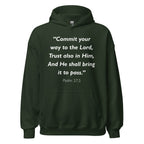 Unisex black hoodie with Psalm 37:5 Bible verse printed in white text on front
