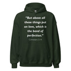 Unisex white hoodie with Colossians 3:14 Bible verse printed in white text on front