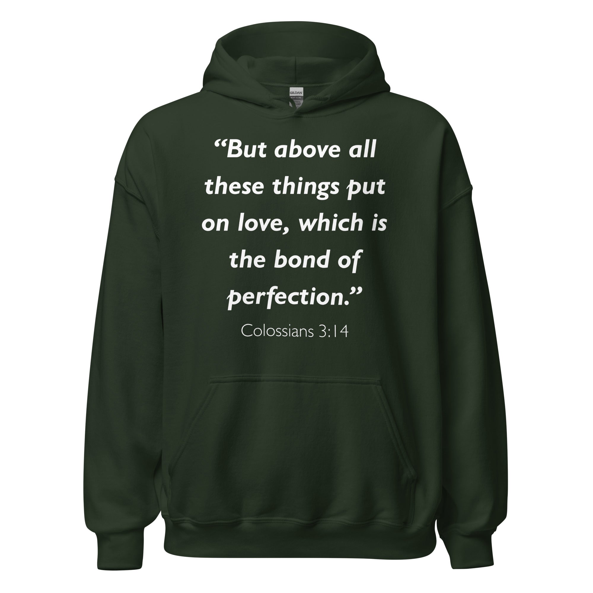 Unisex white hoodie with Colossians 3:14 Bible verse printed in white text on front