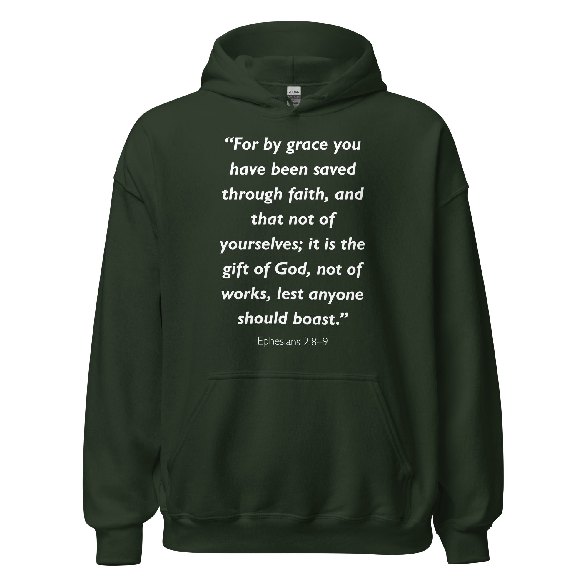 Unisex white hoodie with Ephesians 2:8-9 Bible verse printed in white text on front