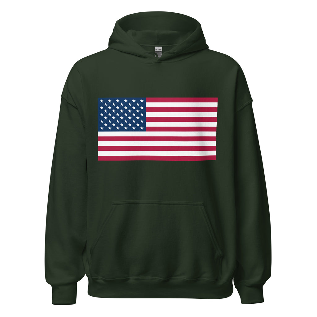 Unisex maroon hoodie featuring American flag design printed across the front chest