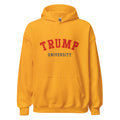 Unisex heather gray hoodie featuring Trump University logo printed across the front chest