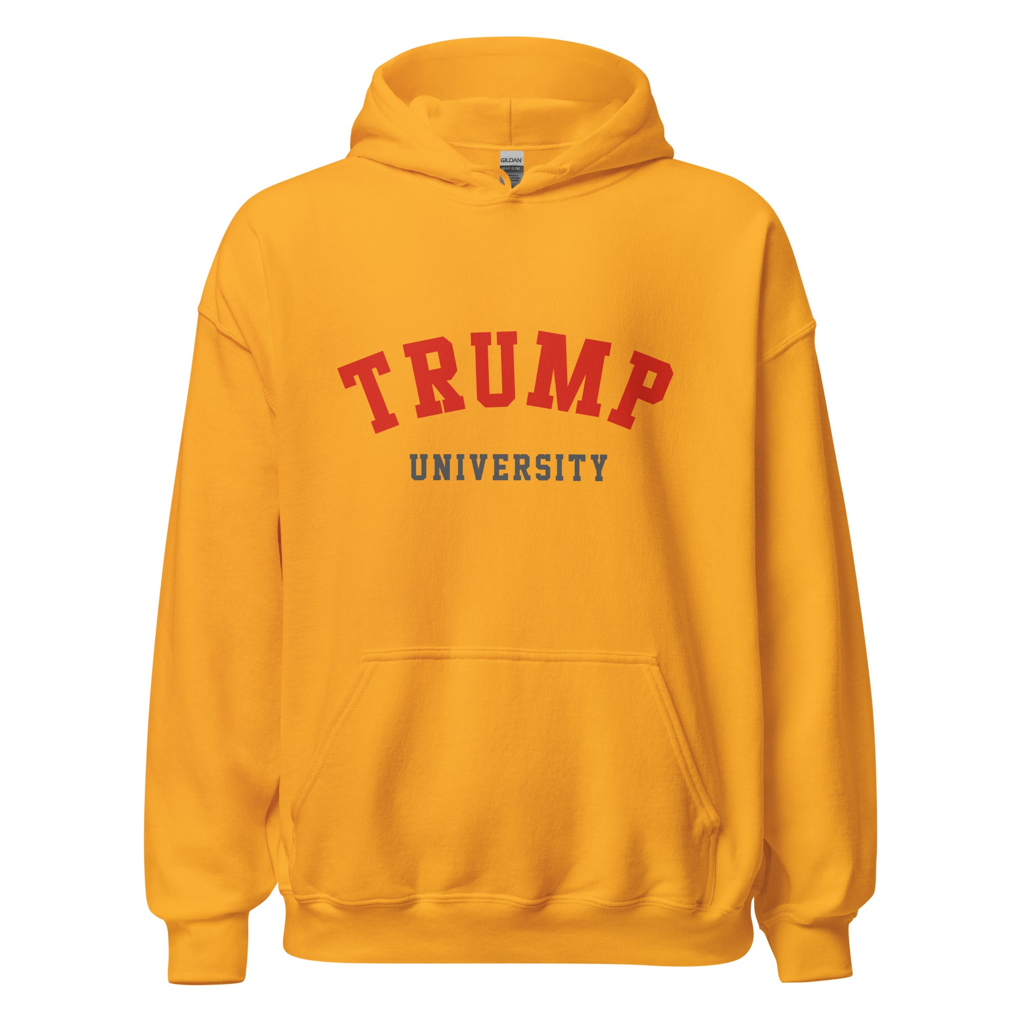 Unisex heather gray hoodie featuring Trump University logo printed across the front chest