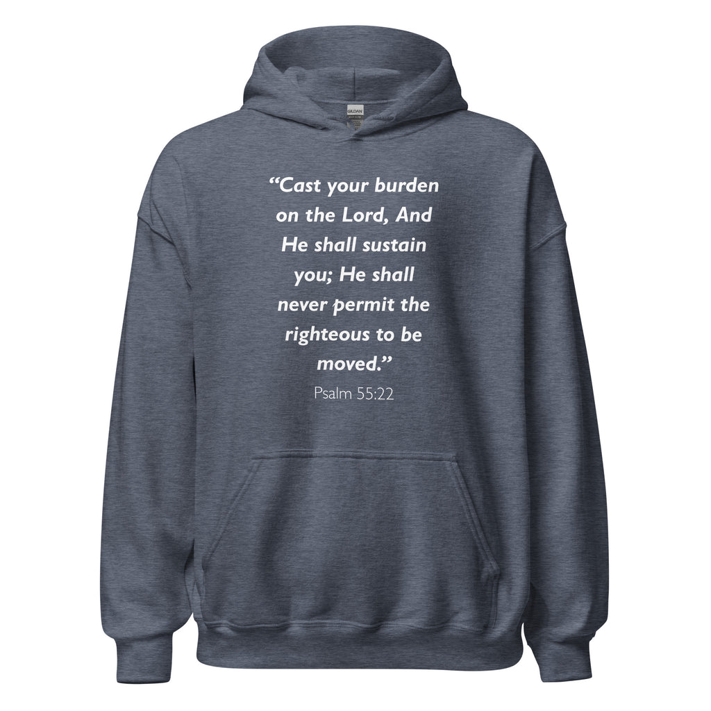 Unisex heather gray hoodie with Psalm 55:22 Bible verse printed in white text on front