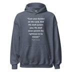 Unisex heather gray hoodie with Psalm 55:22 Bible verse printed in white text on front