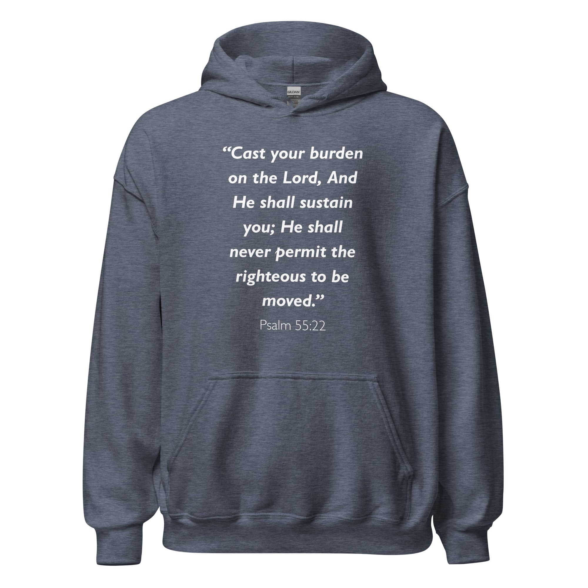 Unisex heather gray hoodie with Psalm 55:22 Bible verse printed in white text on front
