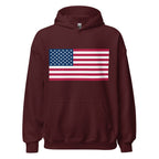 Unisex white hoodie featuring American flag design printed across the front chest