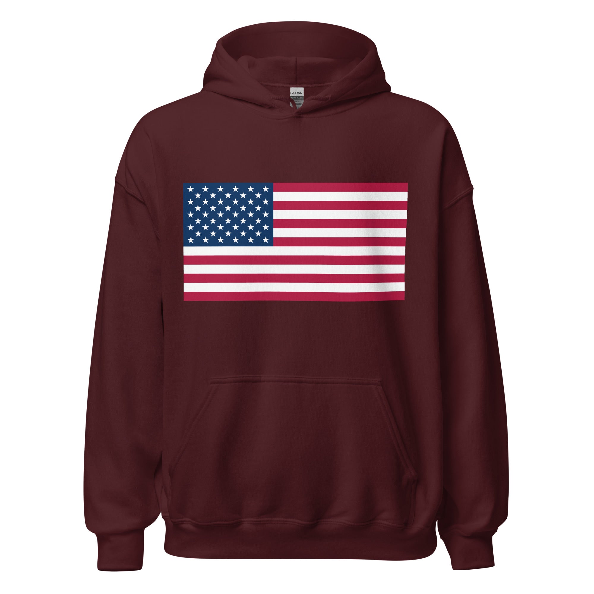 Unisex white hoodie featuring American flag design printed across the front chest
