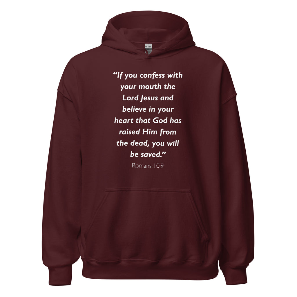 Unisex navy blue hoodie with Romans 10:9 Bible verse printed in white text on front