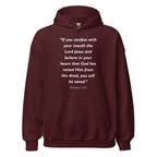 Unisex navy blue hoodie with Romans 10:9 Bible verse printed in white text on front