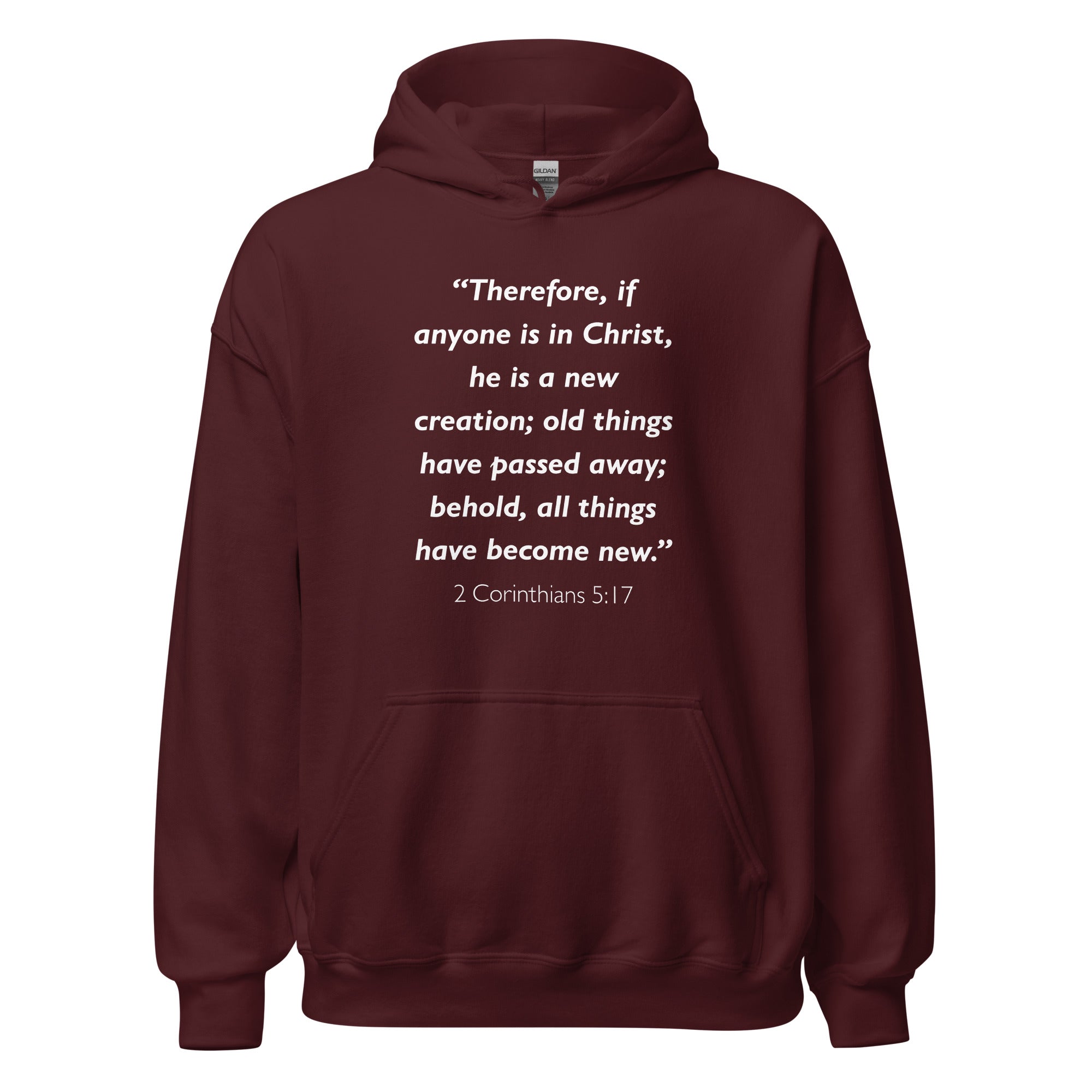 Unisex navy blue hoodie with 2 Corinthians 5:17 Bible verse printed in white text on front