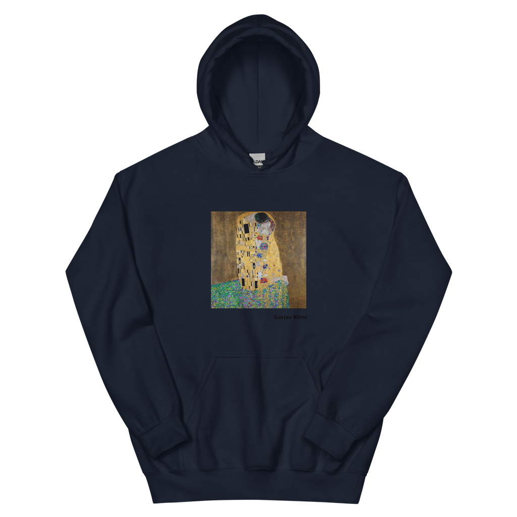 Unisex hoodie featuring Klimt's famous painting of two lovers embracing in golden robes