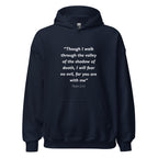 Unisex heather gray hoodie with Psalm 23:4 Bible verse printed in white text on front