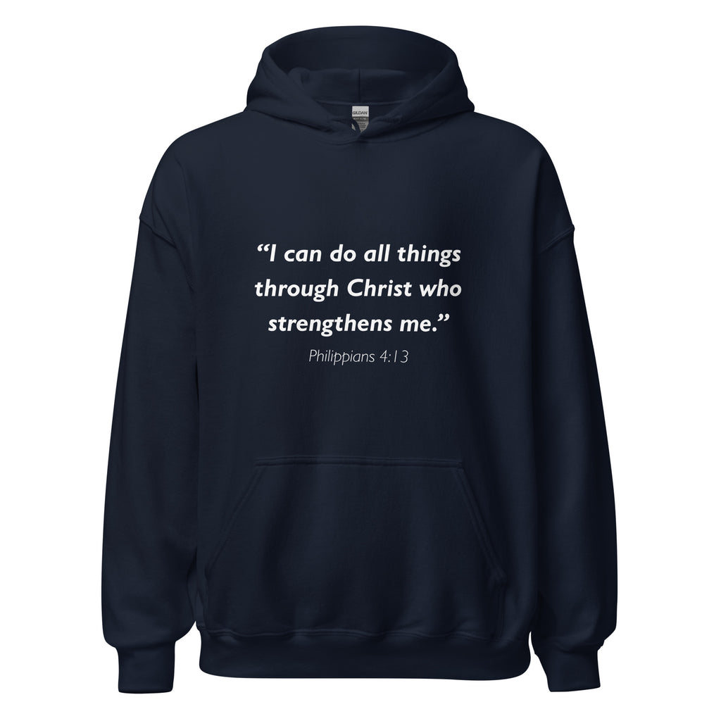 Unisex heather gray hoodie with Philippians 4:13 Bible verse printed in white text on front