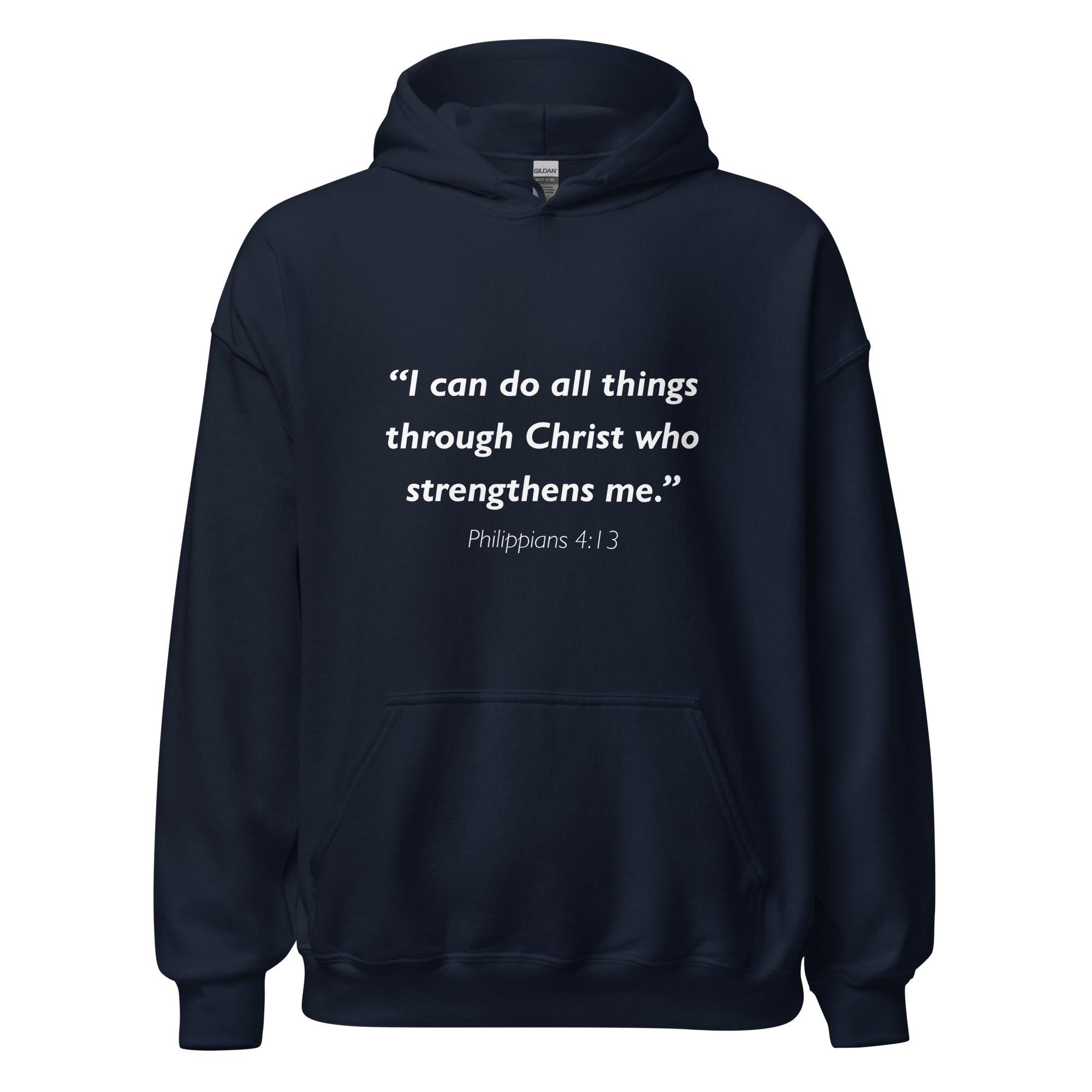 Unisex heather gray hoodie with Philippians 4:13 Bible verse printed in white text on front