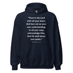 Unisex heather gray hoodie with Proverbs 3:5-6 Bible verse printed in white text on front