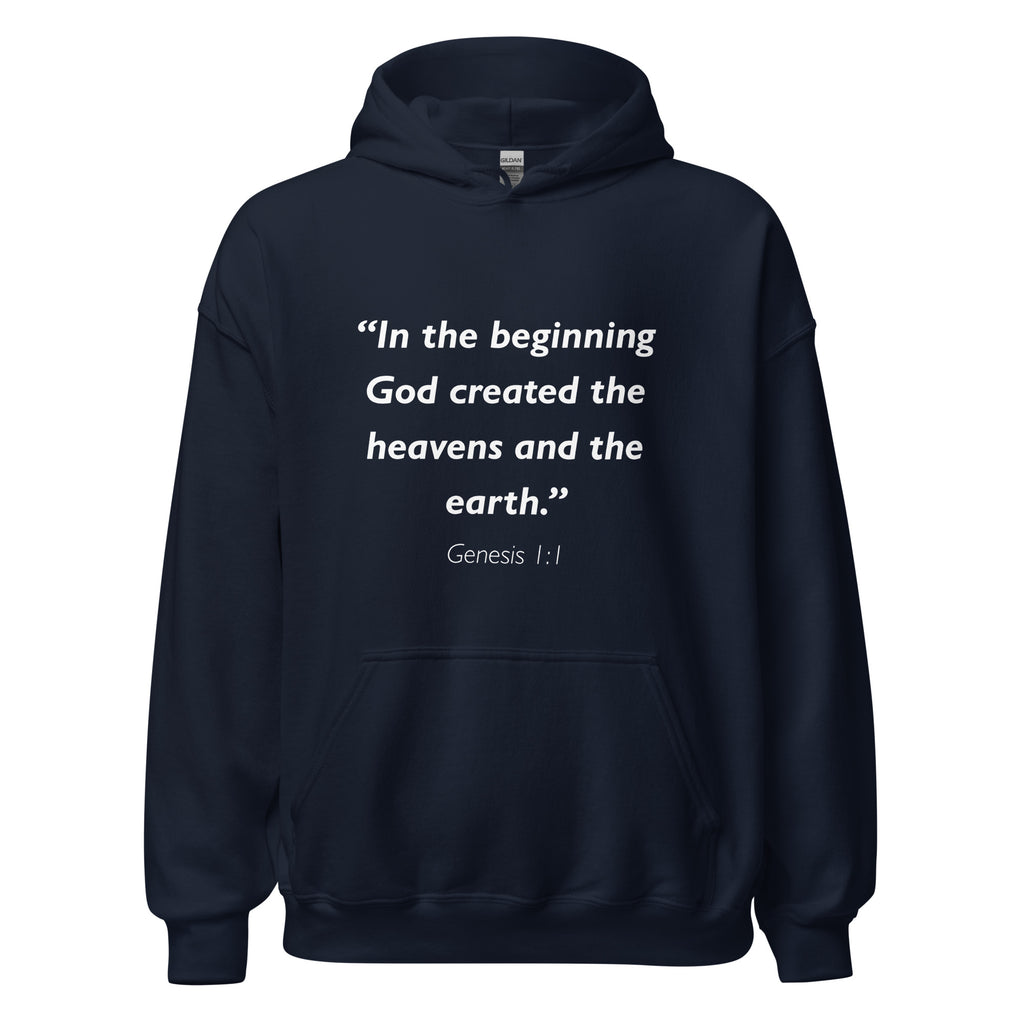 Unisex navy blue hoodie with Genesis 1:1 Bible verse printed in white text on front