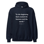 Unisex navy blue hoodie with Genesis 1:1 Bible verse printed in white text on front