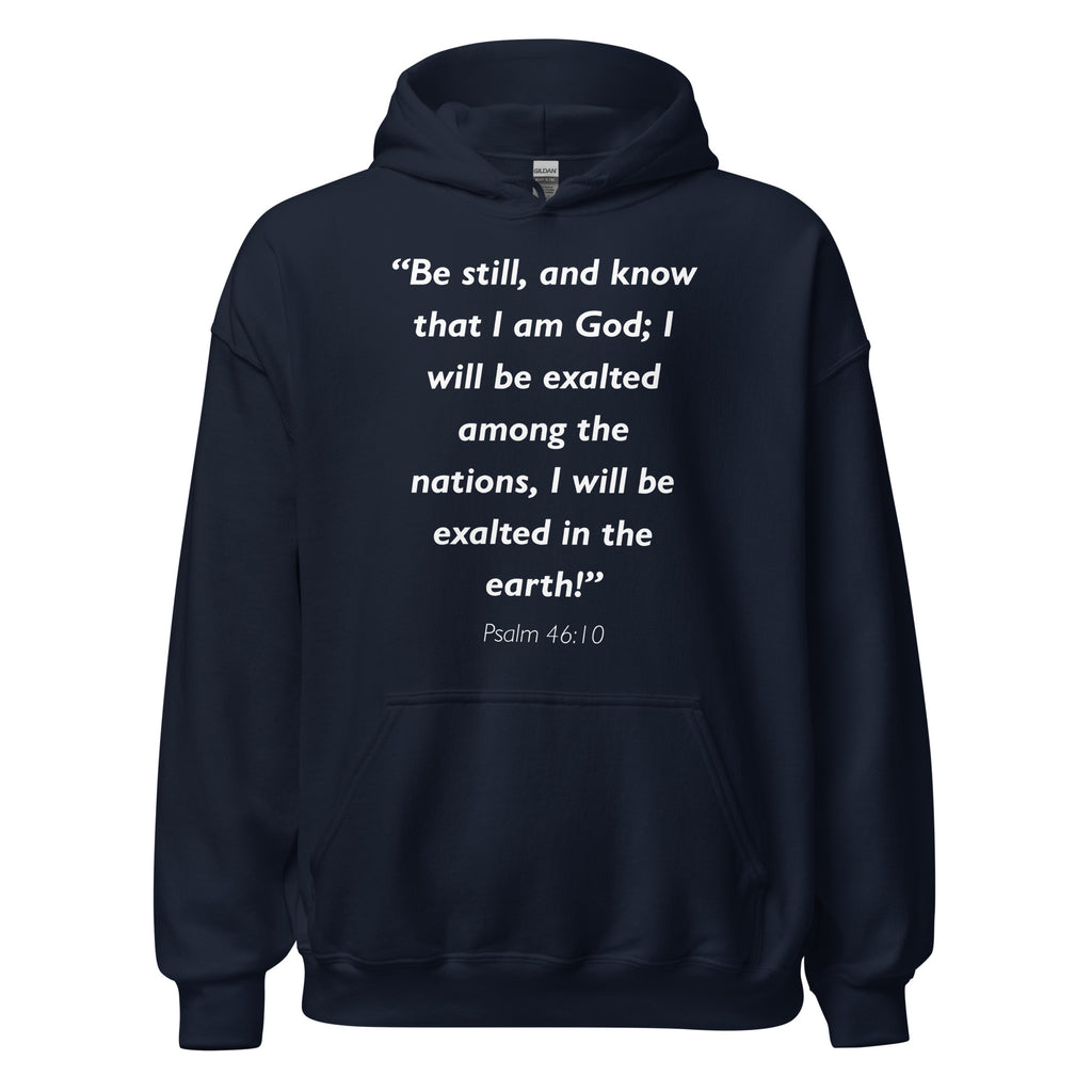 Unisex heather gray hoodie with Psalm 46:10 Bible verse printed in white text on front