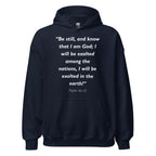 Unisex heather gray hoodie with Psalm 46:10 Bible verse printed in white text on front