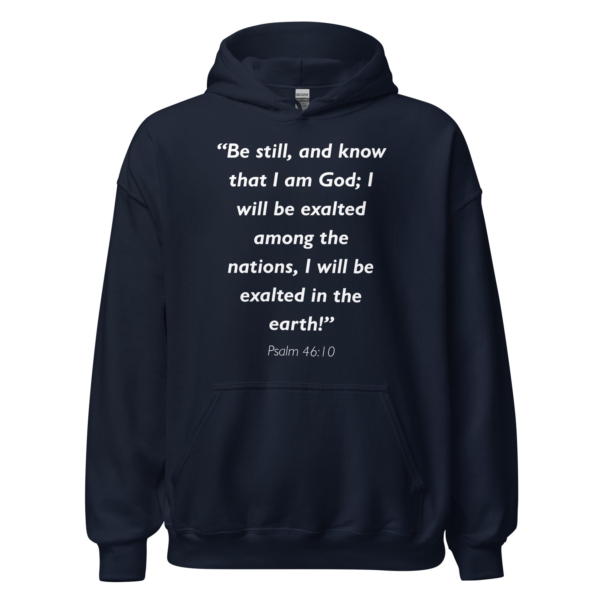 Unisex heather gray hoodie with Psalm 46:10 Bible verse printed in white text on front