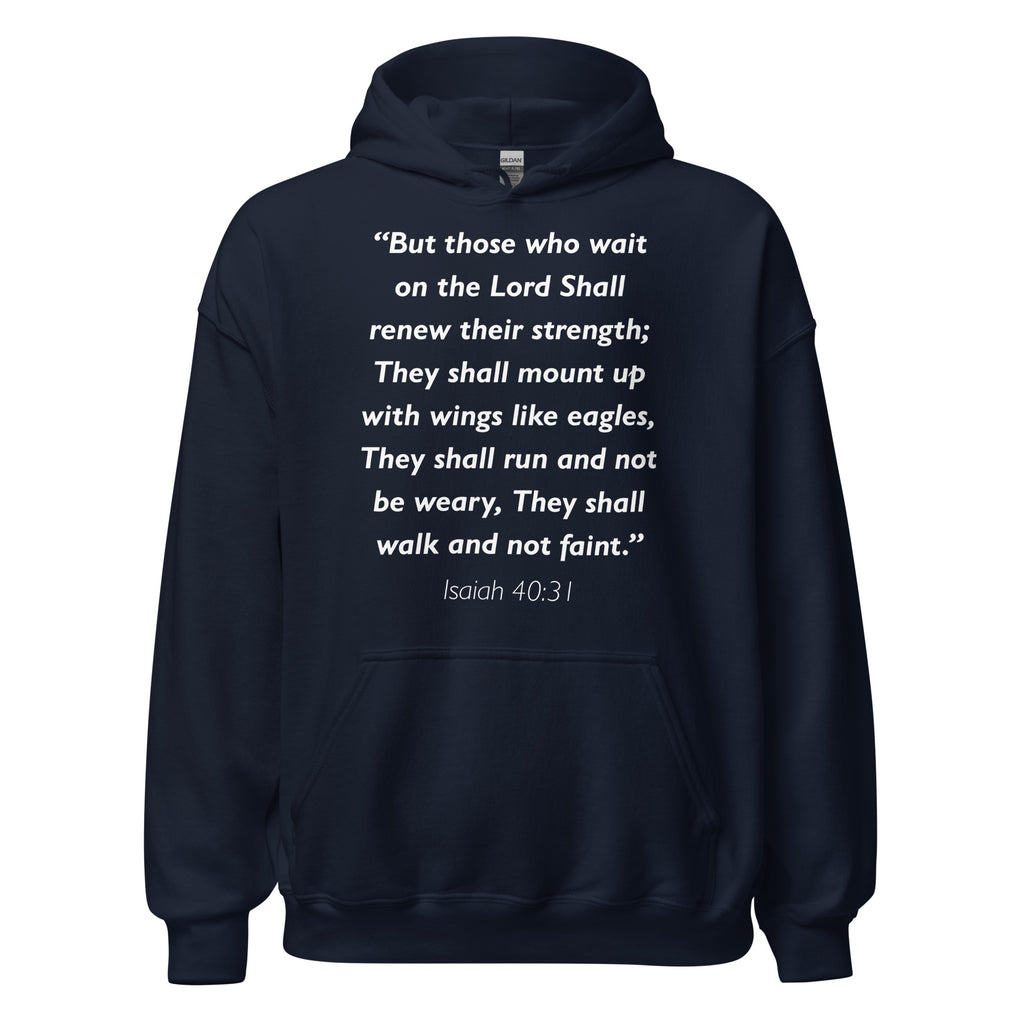 Unisex heather gray hoodie with Isaiah 40:31 Bible verse printed in white text on front