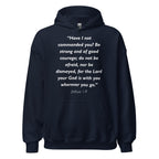 Unisex heather gray hoodie with Joshua 1:9 Bible verse printed in white text on front