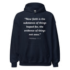 Unisex navy blue hoodie with Hebrews 11:1 Bible verse printed in white text on front