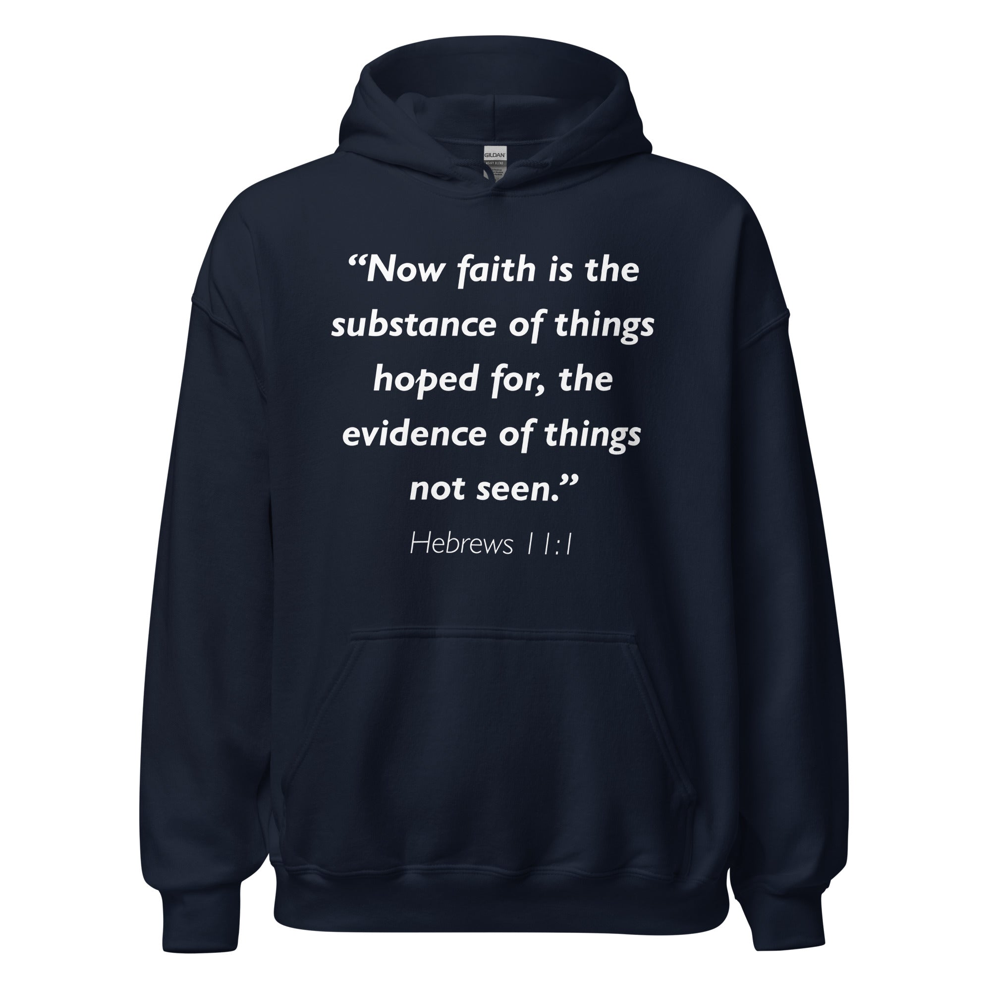 Unisex navy blue hoodie with Hebrews 11:1 Bible verse printed in white text on front
