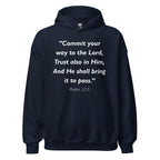 Unisex navy blue hoodie with Psalm 37:5 Bible verse printed in white text on front