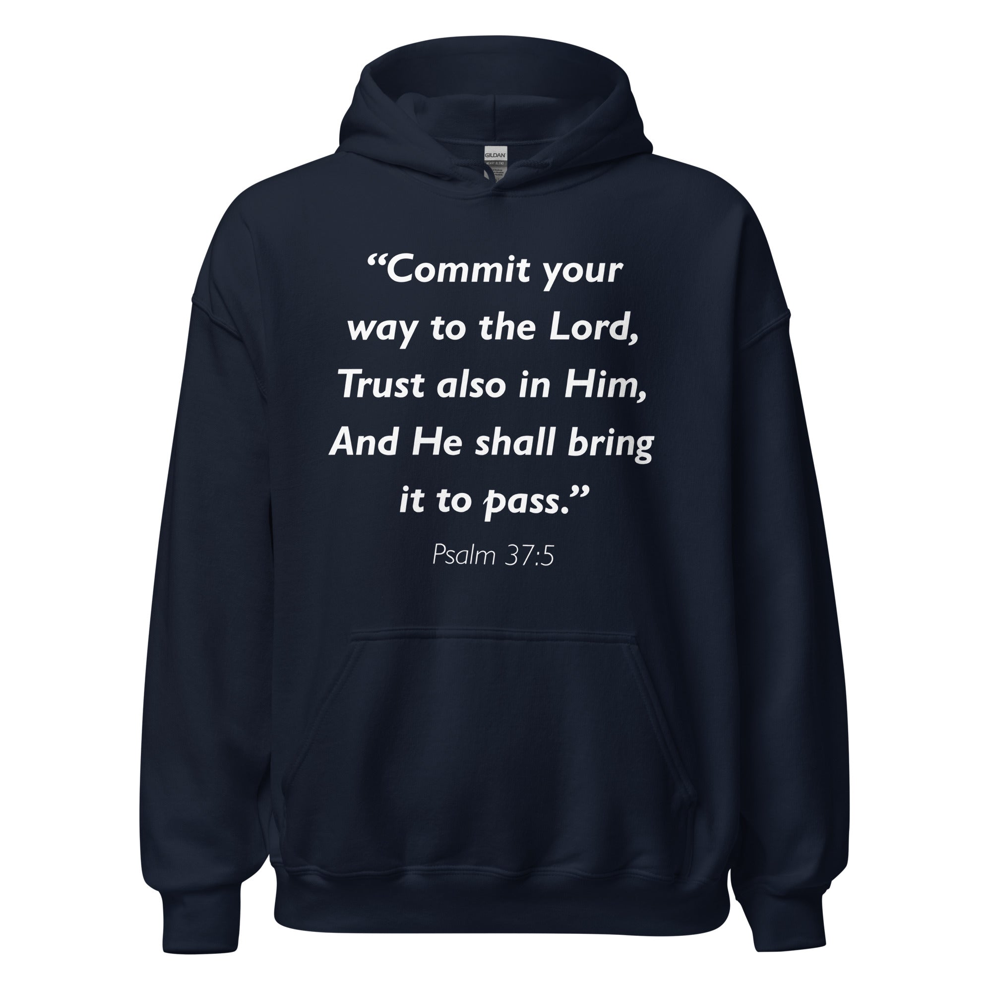 Unisex navy blue hoodie with Psalm 37:5 Bible verse printed in white text on front