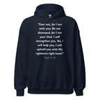 Unisex heather gray hoodie with Isaiah 41:10 Bible verse printed in white text on front
