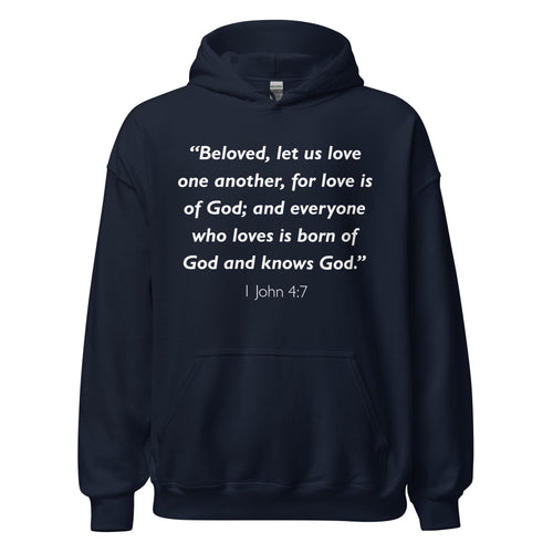 Unisex black hoodie with 1 John 4:7 Bible verse printed in white text on front