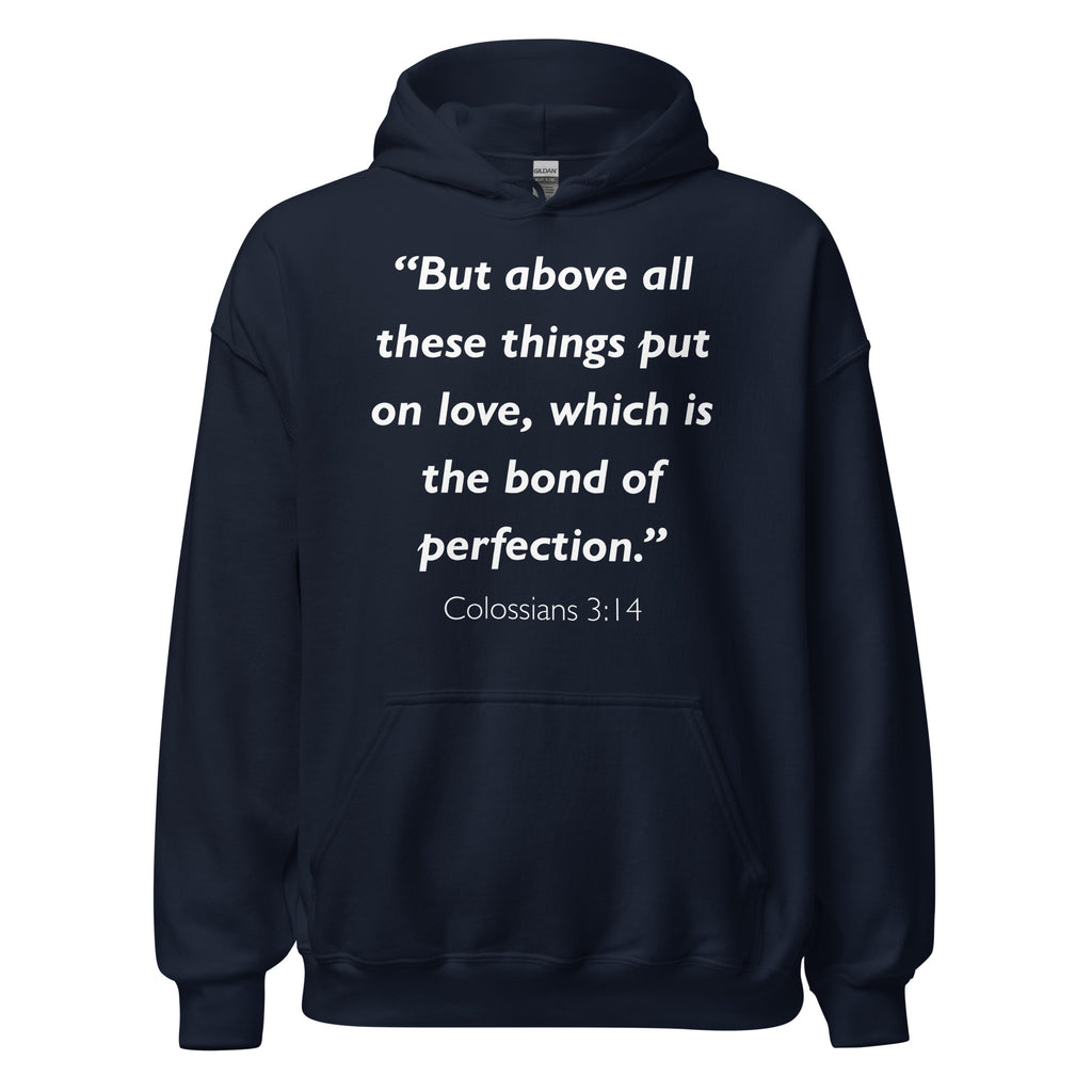 Unisex black hoodie with Colossians 3:14 Bible verse printed in white text on front