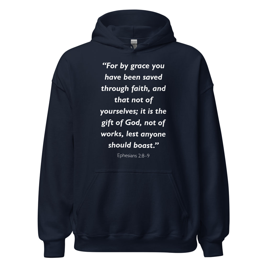Unisex heather gray hoodie with Ephesians 2:8-9 Bible verse printed in white text on front