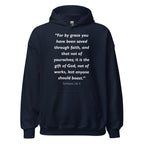 Unisex heather gray hoodie with Ephesians 2:8-9 Bible verse printed in white text on front