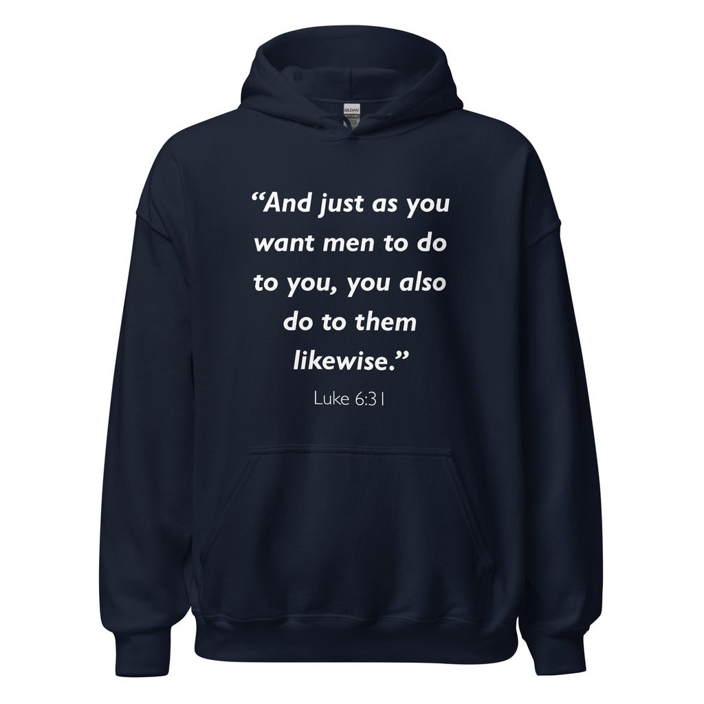 Unisex heather gray hoodie with Luke 6:31 Bible verse printed in white text on front