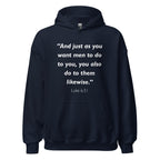 Unisex heather gray hoodie with Luke 6:31 Bible verse printed in white text on front